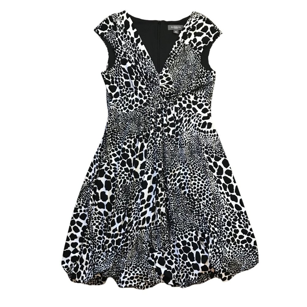 Liz Claiborne Bubble Hem Dress Women's 10 V-Neck Animal Print Black White Y2k‎